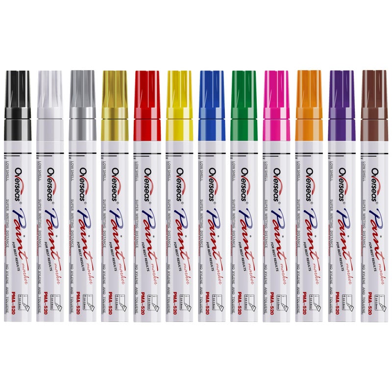 Overseas Paint Markers Pens, 12 Colors Painting Marker on Almost Anything, Quick Dry and Permanent, Oil-Based Paint Pens Set for Rock, Wood, Metal, Fabric, Plastic, Canvas, Glass, Rubber, DIY Craft - Image 1